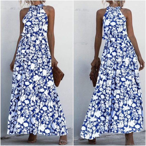 Boho Pastel Green Floral Print Halter Maxi Dress Ruffle - Picture 8 of 13